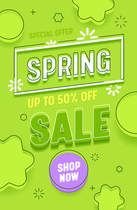 Spring Sale Green Vertical Abstract Banner Layout. Promotion Discount Advertising Special Retail Price Poster. Hot Deal Offer Message with Shop Now Button Design Flat Vector Illustration