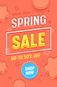 Spring Sale Red Vertical Abstract Banner Template. Promotion Discount Advertising Hot Price Typography Poster. Season Final Deal Offer Message with Shop Now Button Design Flat Vector Illustration