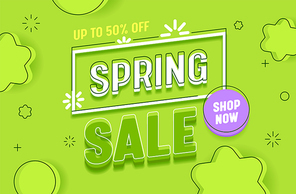 Spring Sale Green Abstract Background Banner Horizontal Layout. Promotion Discount Advertising Special Retail Price Poster. Hot Deal Offer Message with Shop Now Button Design Flat Vector Illustration