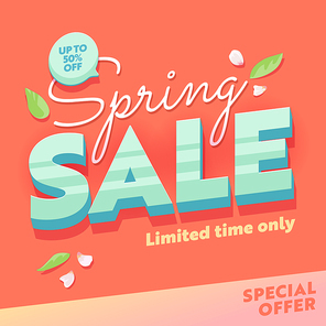 Spring Sale Abstract Flower Coral Square Banner. Promo Discount Season Offer Hot Price Poster. Clearance Super Deal Card Design with Petal and Leaf for Holiday Flat Vector Illustration