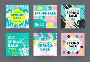 Set of Abstract Banners for Social Media Marketing. Spring Sale Offer for Shop or Discounter, Shopping Posters in Casual Modern Simple Style with Brush Strokes and Doodle Lines. Vector Illustration