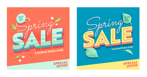 spring sale abstract square banner set. discount season offer super price poster. business hot deal bright natural  design with petal and leaf for holiday flat vector illustration