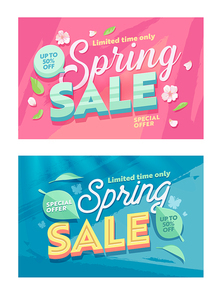 Spring Season Sale Natural Horizontal Banner Template Set. Discount Offer Off Price Typography Poster. Super Deal Promotion Flyer Design with Petal and Leaf for Holiday Flat Vector Illustration