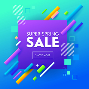 Super Sale Banner Geometric Design for Online Shop App. Small Square Colorful Line Image on Blue Background. Discount Fashion Poster. Abstract Promotion Material Flat Cartoon Vector Illustration