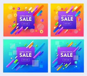 Spring Super Sale Poster Set with Color Design on Blue and Orange Background. Bright and Stylish Promotion Concept for Online Shop Flyer or Banner. Creative Material Flat Cartoon Vector Illustration