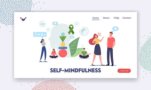 Self-mindfulness, Control Landing Page Template. Characters Keep Mental Balance Avoid Aggression and Stressful Reaction. People Sit in Lotus Posture Meditate and Feel Calm. Cartoon Vector Illustration