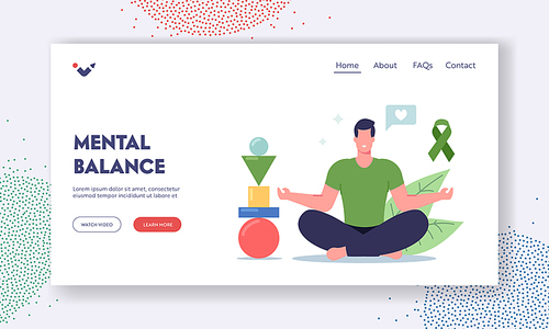 Mental Balance Landing Page Template. Man Doing Yoga with Balanced Figures Pyramid. Male Character Meditate in Lotus Pose, Self Control, Healthy Lifestyle, Harmony. Cartoon Vector Illustration