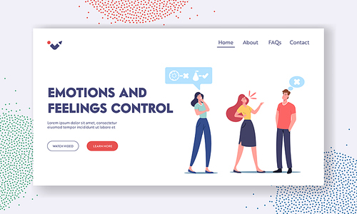 Emotions and Feelings Control Landing Page Template. Relaxed Peaceful Female Character Watch Colleagues Quarrel Staying Calm. Mental Balance, Self Control Harmony. Cartoon People Vector Illustration