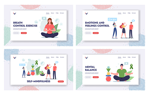 Self-mindfulness, Control Landing Page Template Set. Characters Keep Mental Balance Avoid Aggression and Stressful Reaction. People Sit in Lotus Pose Meditate, Feel Calm. Cartoon Vector Illustration