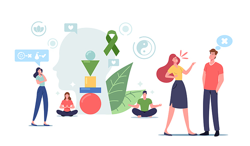 Self Control Concept. Male and Female Characters Keep Mental Balance Avoid Aggression and Stressful Reaction. People Sitting in Lotus Posture Meditate and Feel Calm. Cartoon Vector Illustration