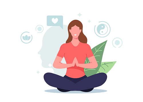 Female Character Meditating in Lotus Pose Feel Mental Balance and Self Control, Woman Doing Yoga, Healthy Lifestyle, Relaxation Emotional Harmony, Positive Mood and Life. Cartoon Vector Illustration