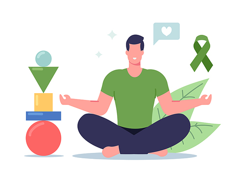 Man Doing Yoga with Balanced Figures Pyramid. Male Character Meditate in Lotus Pose Feel Mental Balance and Self Control, Healthy Lifestyle, Relaxation Emotional Harmony. Cartoon Vector Illustration