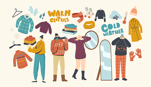 Male or Female Characters Wearing Warm Clothes Young People in Woolen Knitted Handmade pullover, Scarves and Hats. Fashion for Cold Winter or Autumn Weather Outdoor Walking. Linear Vector Illustration
