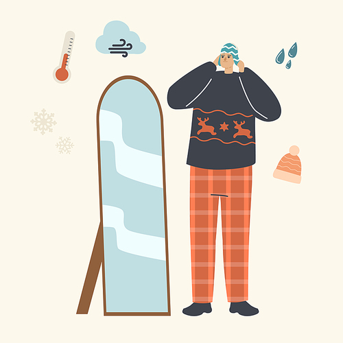 Male Character in Fashioned Dressing Choose Knitted Hats Stand front of Mirror for Walking Outdoor. Handmade Knit Things for Cold Weather, Fashioned Warm Clothes, Apparel. Linear Vector Illustration