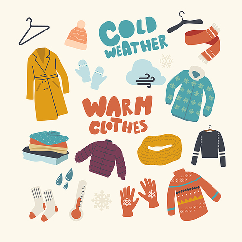 Set Icons Warm Clothing Theme. Knitted Hat and Scarf, Coat, Hanger and Mittens with Pullover and Thermometer and Snowflake. Winter Mood, Youth Fashion Garment, Accessories. Linear Vector Illustration