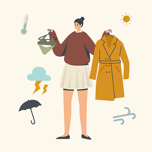 Female Character Making Choice for Clothes to Walk Outdoors. Woman Holding Bikini and Warm Coat Confused with Weather Forecast. Meteorology Report, Complicated Decision. Linear Vector Illustration