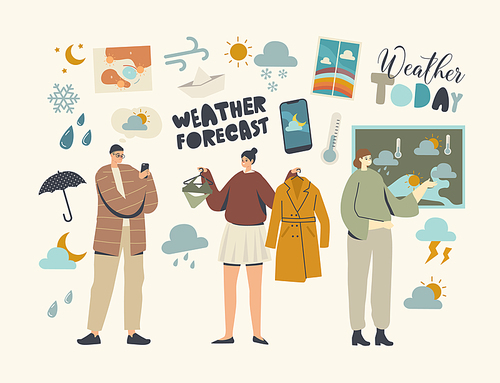 Weather Forecast, Meteorological Report Concept. Tv Presenter Female Character Stand at Screen with Meteorology Map Forecasting Weather. People Choose Suitable Clothes. Linear Vector Illustration