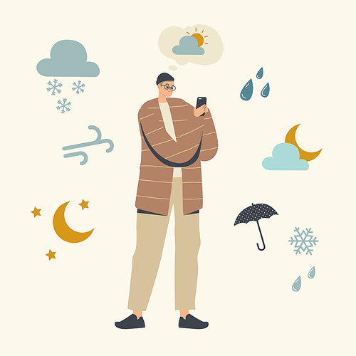 Male Character Watching Weather Forecast in Mobile App Concept. Man Using Smartphone Application for Looking Meteorological Report Rain, Sun or Snow Precipitation. Linear Vector Illustration