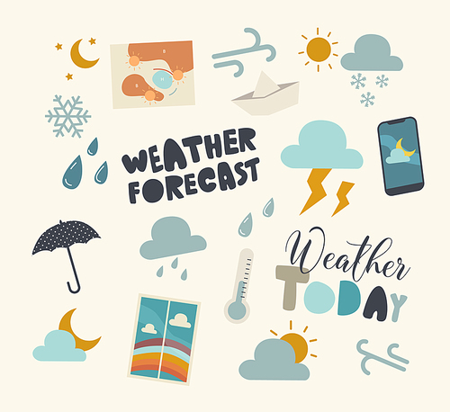 Set of Icons Weather Forecast, Meteorology Report Theme. Umbrella, Cloud with Snow and Rain Drops, Thermometer and Window with Rainbow View, Smartphone with App, Sun, Moon. Linear Vector Illustration