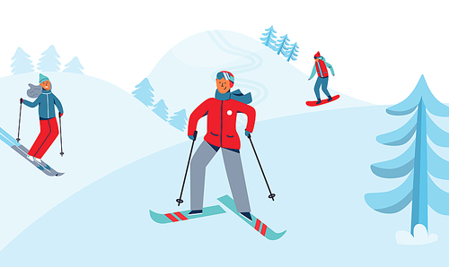 Winter Holidays Recreation Sport Activity. Ski Resort Landscape with Characters Skiing and Snowboarding. Happy People Riding on Snowy Downhill. Vector illustration