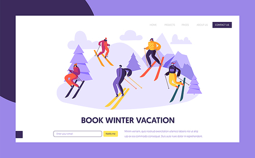 Ski Resort Winter Holidays Landing Page Template. Active People Characters Skiing in Mountains for Website or Web Page. Outdoor Activities Concept. Vector illustration