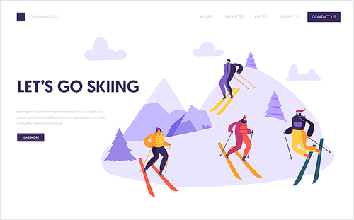 Ski Resort Winter Holidays Landing Page Template. Active People Characters Skiing in Mountains for Website or Web Page. Outdoor Activities Concept. Vector illustration