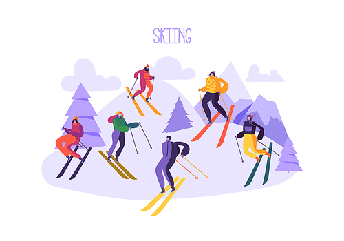Mountain Skiing Characters in Goggles and Ski Suit. Winter Sports on Snow Landscape. Flat People Skiers Outdoor Activities. Vector illustration