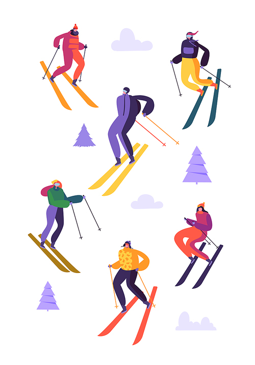 Mountain Skiing Characters in Goggles and Ski Suit. Winter Sports on Snow Landscape. Flat People Skiers Outdoor Activities. Vector illustration