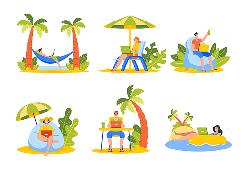 Freelancers Male and Female Characters Working on Beach at Tropical Resort. People Wear Summer Clothes Sitting on Deck Chair and Hammock under Palm Tree Working on Laptop. Cartoon Vector Illustration