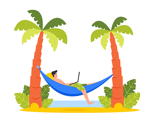 Handsome Businessman in Summer Wear Lying on Hammock at Palm Trees on Exotic Tropical Beach Working on Laptop. Freelancer or Distant Employee Character on Vacation. Cartoon People Vector Illustration