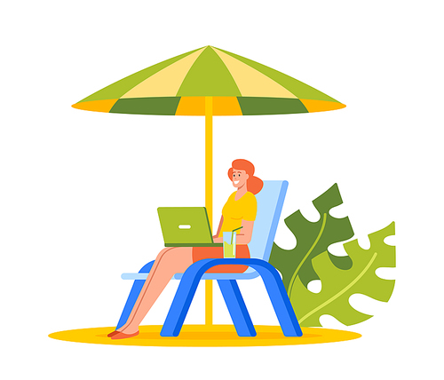 Young Businesswoman Character Sitting on Beach Lounge Outdoors Reading Information on Laptop and Enjoying Drinking Cocktail on Tropical Island or Resort with Palms. Cartoon People Vector Illustration