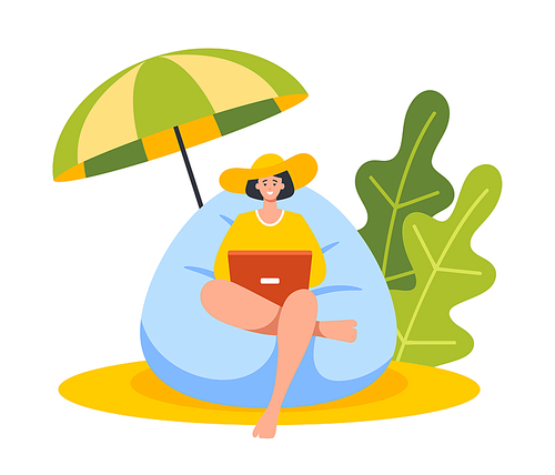 Young Businesswoman Sitting in Beanbag Chair on Tropical Beach. Woman Freelancer Work on Laptop under Umbrella, Female Character Outdoors Activity with Pc on Resort. Cartoon People Vector Illustration