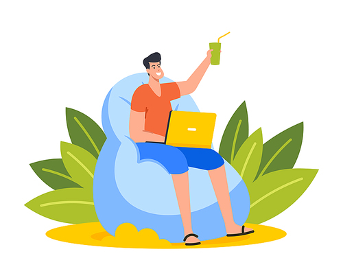 Businessman Character in Summer Wear Sitting on Beanbag Chair with Laptop and Cocktail on Exotic Tropical Beach Working Distantly. Freelancer or Distant Employee. Cartoon People Vector Illustration