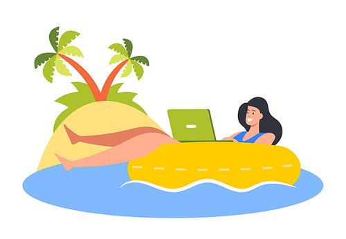 Young Businesswoman Swim on Inflatable Ring in Ocean Working on Laptop, Relax and Working on Tropical Beach. Woman Freelancer Distant Job, Female Character Freedom. Cartoon People Vector Illustration
