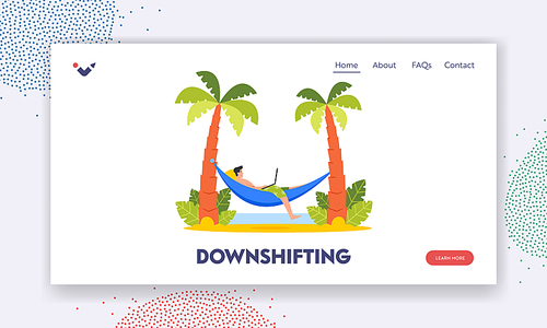 Downshifting Landing Page Template. Handsome Businessman Lying on Hammock at Palm Trees on Exotic Tropical Beach Working on Laptop. Freelancer Character on Vacation. Cartoon People Vector Illustration