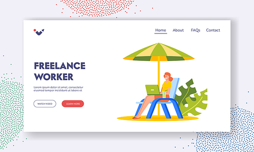 Freelance Worker Landing Page Template. Young Businesswoman Character Sitting on Beach Lounge Reading Information on Laptop and Drink Cocktail on Tropical Island . Cartoon People Vector Illustration