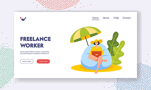 Freelance Worker Landing Page Template. Young Businesswoman Sitting in Beanbag Chair on Tropical Beach. Woman with Laptop under Umbrella, Female Character on Resort. Cartoon People Vector Illustration