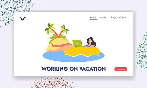 Young Businesswoman Working on Vacation Landing Page Template. Female Character Swim on Inflatable Ring in Ocean Work on Laptop, Woman Freelancer Relax on Beach. Cartoon People Vector Illustration