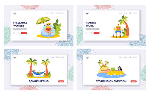 Freelancers Working on Beach Landing Page Template Set. Characters Work at Tropical Resort. People Wear Summer Clothes Sitting on Deck Chair and Hammock Working on Laptop. Cartoon Vector Illustration