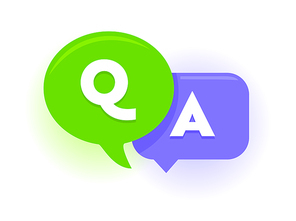 Q and A Speech Bubbles, Green and Violet Balloons Question and Answer Concept. Uppercase Letters, FAQ, Media Content Isolated on White Background. Vector Illustration