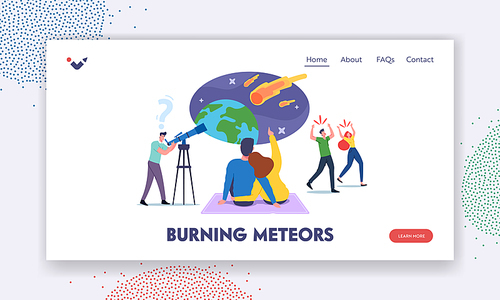 Characters Watching Meteorite Fall Landing Page Template. Man with Telescope Look on Sky with Falling Asteroids, Loving Couple Make Wish, Frightened People Run Away. Cartoon Vector Illustration
