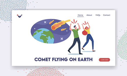 Apocalypse Disaster Landing Page Template. Frightened Characters Run Away from Meteorite Burning Balls Fall on Earth. Natural Phenomenon in Space, Asteroids Falling. Cartoon People Vector Illustration