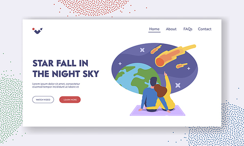 Characters Watching Meteorite Fall, Romantic Dating Landing Page Template. Loving Couple Make Wish Look on Natural Phenomenon in Sky with Falling Asteroids, Cartoon People Vector Illustration