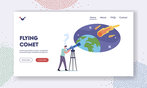 Male Character Watching Meteorite Fall Landing Page Template. Man with Telescope Look on Natural Phenomenon in Sky with Falling Asteroid, Amateur or Professional Scientist. Cartoon Vector Illustration