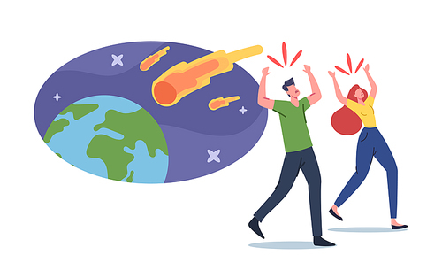 Frightened Male and Female Characters Run Away from Meteorite Burning Balls Fall on Earth. Natural Phenomenon in Space with Asteroids Falling, Apocalypse Disaster. Cartoon People Vector Illustration