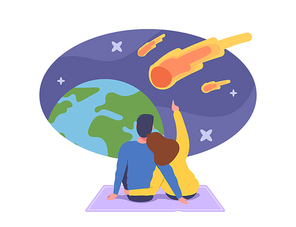 Loving Couple Sitting on Blanket Hugging and Make Wish Look on Natural Phenomenon in Sky with Falling Asteroids, Characters Watching Meteorite Fall, Romantic Dating. Cartoon People Vector Illustration