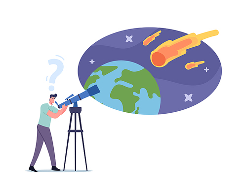 Man with Telescope Look on Natural Phenomenon in Sky with Falling Asteroids, Male Character Watching Meteorite Fall, Amateur or Professional Scientists Astronomy Studying. Cartoon Vector Illustration