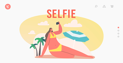 Young Woman Taking Selfie on Smartphone at Sea Beach Landing Page Template. Happy Female Character Shoot Summer Vacation Relax for Memory Album or Social Networks Posting. Cartoon Vector Illustration