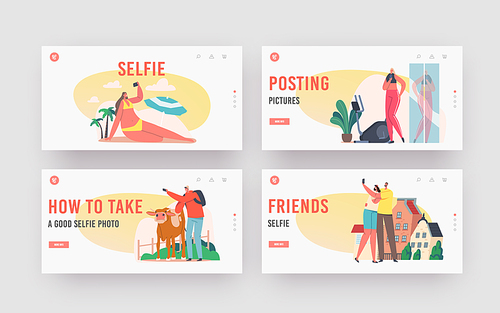Young People Taking Selfie Landing Page Template Set. Happy Characters Shoot Photo during Summer Vacation on Beach, Training in Gym, Man with Cow, Couple at New House. Cartoon Vector Illustration