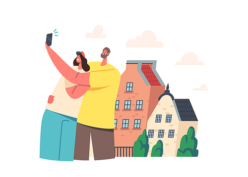 Young Couple Making Selfie on Phone front of their New House or Foreign City Street. Happy Male and Female Friends Characters Shoot Portraits near Buildings. Cartoon People Vector Illustration